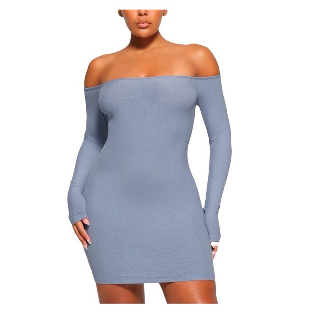 Skims Soft Lounge Off The Shoulder Slate Blue Mini Dress Bodycon Size Medium
